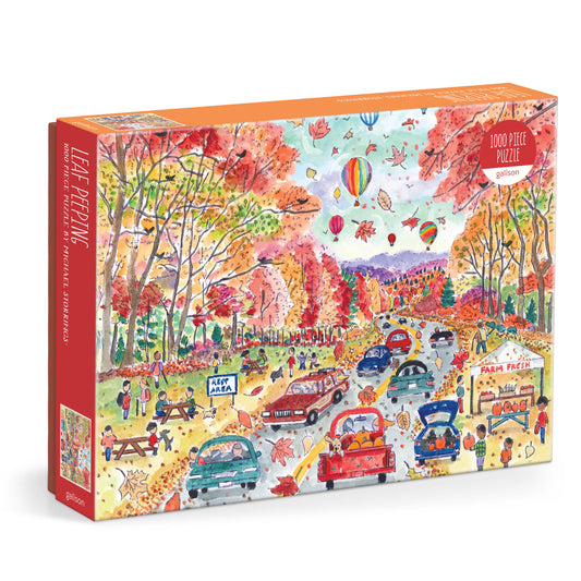 Galison Michael Storrings Leaf Peeping 1000-piece jigsaw puzzle featuring colorful autumn foliage, scenic countryside roads, charming small towns, and vibrant fall landscapes.