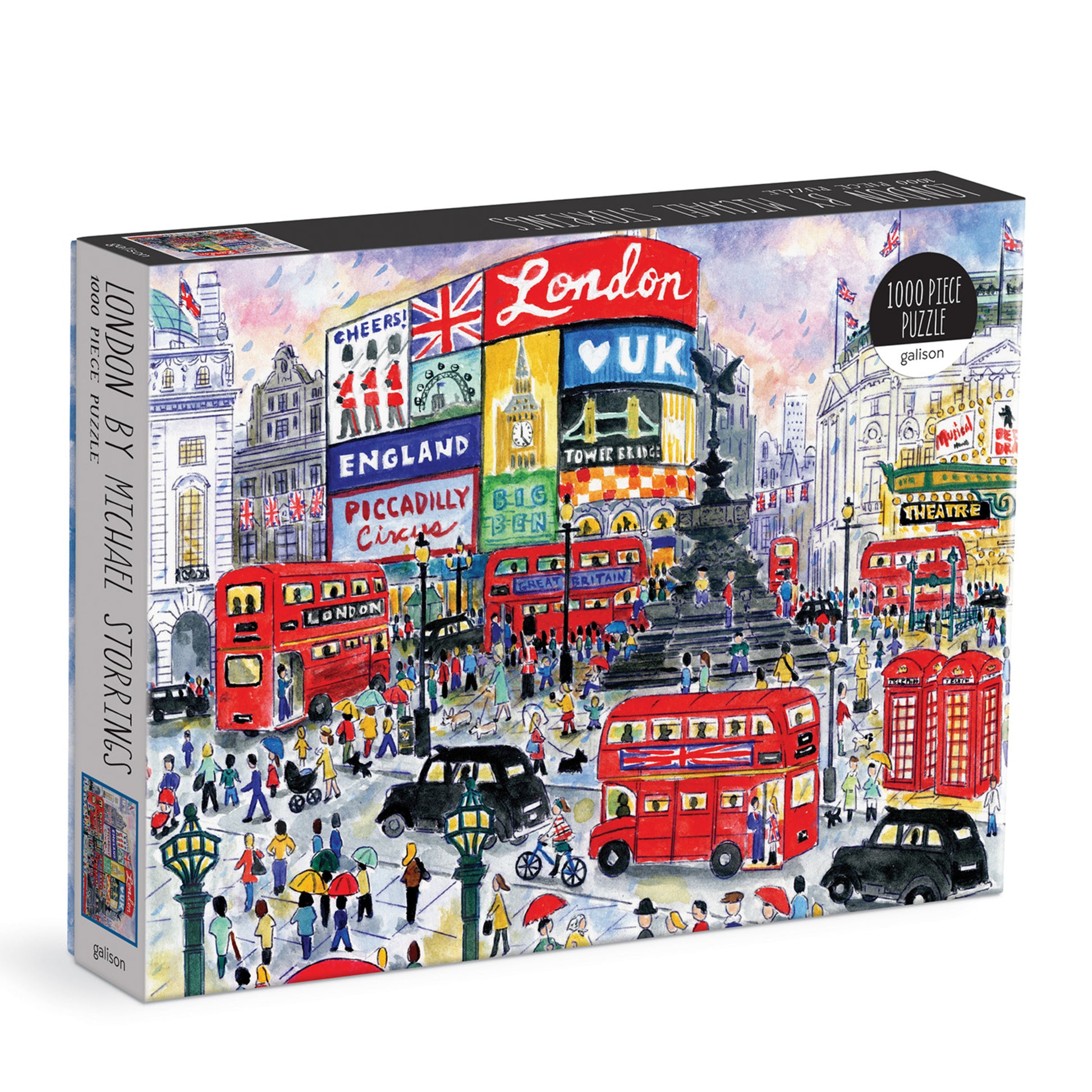 Galison Michael Storrings London 1000-piece jigsaw puzzle featuring iconic London landmarks, bustling streets, and colorful city scenes.