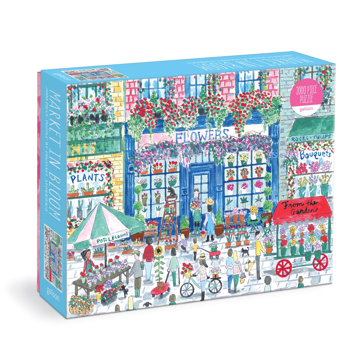Galison Michael Storrings Market in Bloom 2000-piece jigsaw puzzle featuring a bustling flower market filled with colorful blooms, charming shops, fresh produce, and vibrant spring scenery.