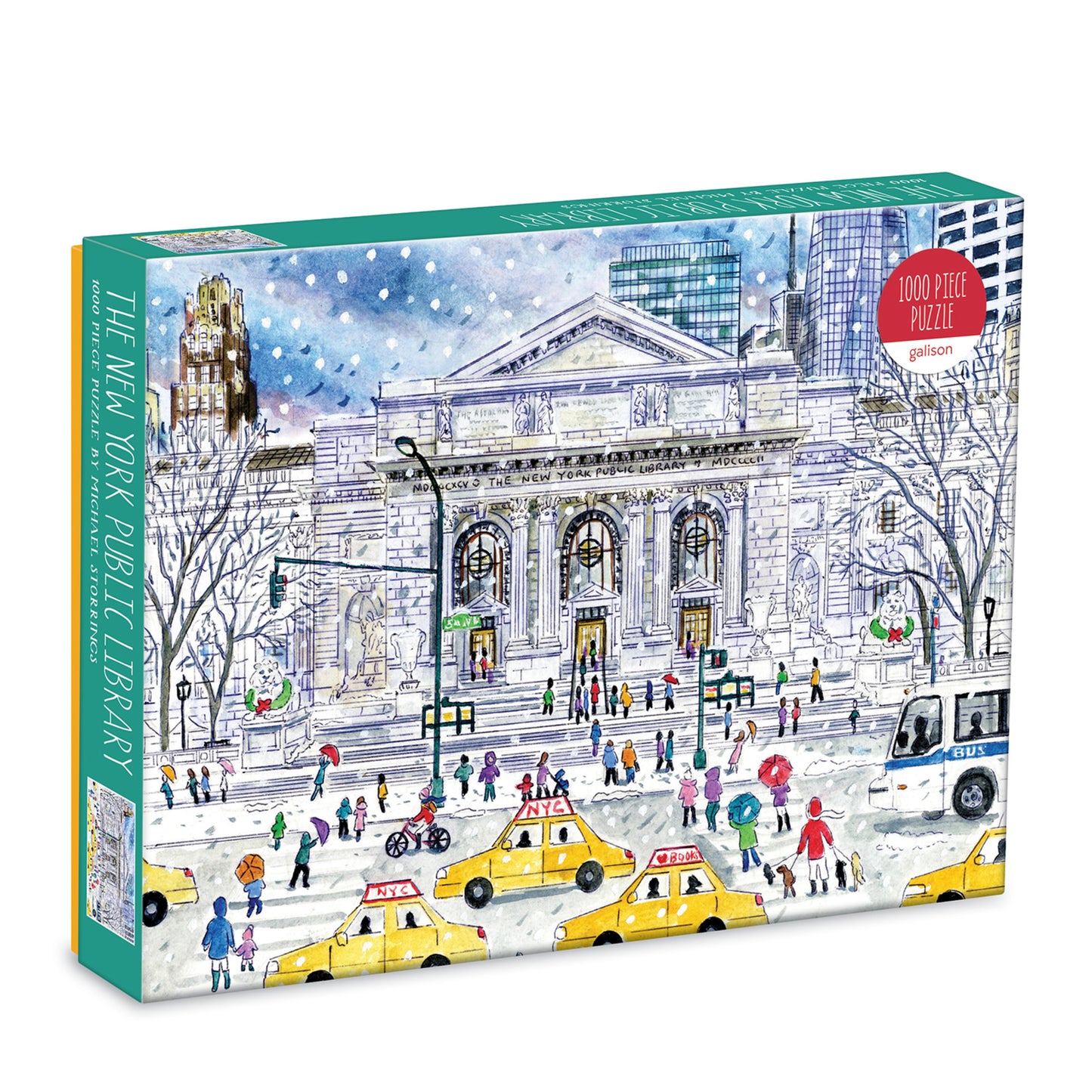 Galison Michael Storrings New York Public Library 1000-piece jigsaw puzzle featuring the iconic New York Public Library with its grand architecture, bustling city streets, and literary atmosphere.