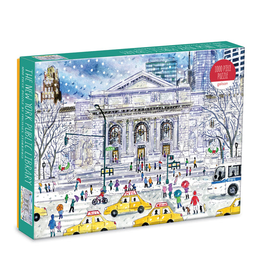 Galison Michael Storrings New York Public Library 1000-piece jigsaw puzzle featuring the iconic New York Public Library with its grand architecture, bustling city streets, and literary atmosphere.