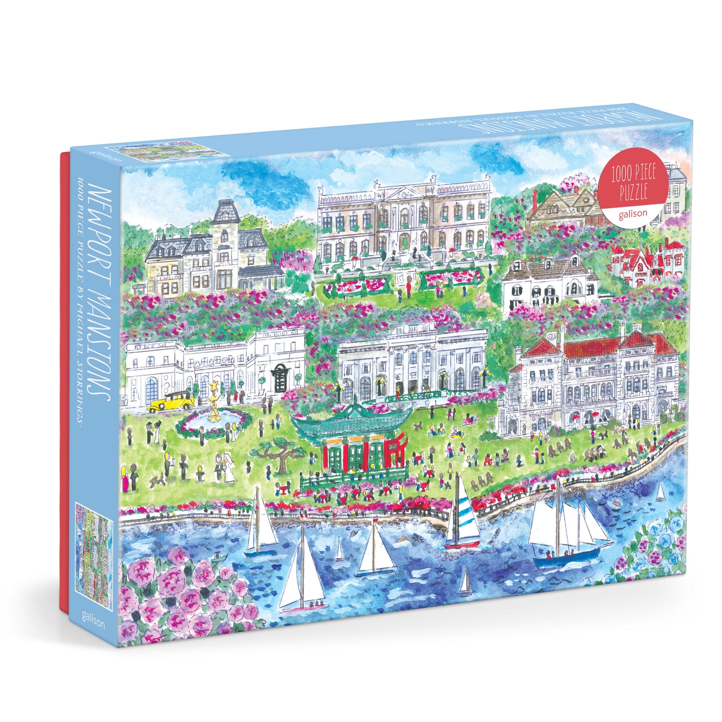 Galison Michael Storrings Newport Mansions 1000-piece jigsaw puzzle featuring the magnificent Newport mansions surrounded by elegant gardens, coastal views, and historic architecture.