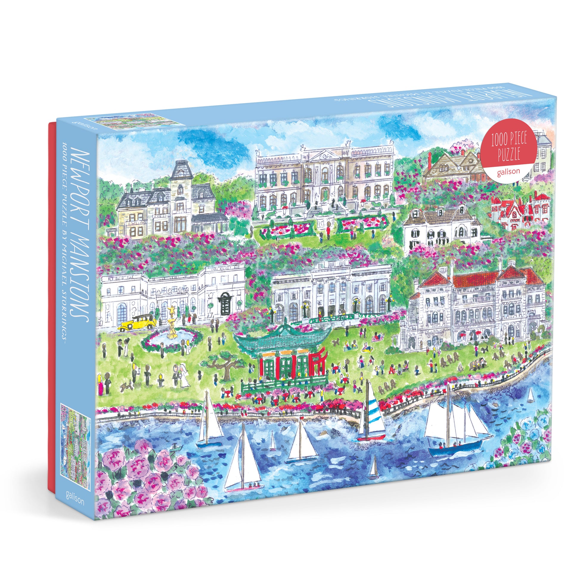 Galison Michael Storrings Newport Mansions 1000-piece jigsaw puzzle featuring the magnificent Newport mansions surrounded by elegant gardens, coastal views, and historic architecture.