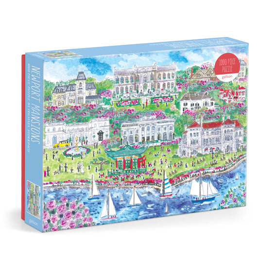 Galison Michael Storrings Newport Mansions 1000-piece jigsaw puzzle featuring the magnificent Newport mansions surrounded by elegant gardens, coastal views, and historic architecture.