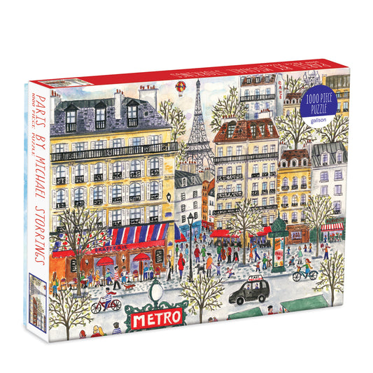 Galison Michael Storrings Paris 1000-piece jigsaw puzzle featuring iconic Paris landmarks, cafés, and vibrant city life.