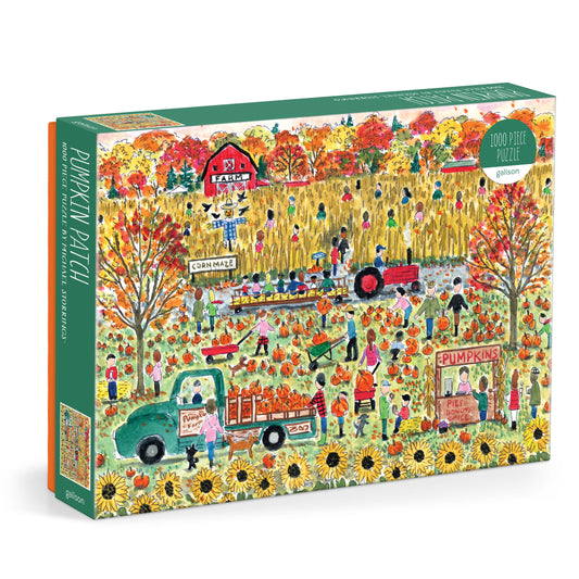 Galison Michael Storrings Pumpkin Patch 1000-piece jigsaw puzzle featuring a festive pumpkin patch with hayrides, autumn decorations, colorful pumpkins, and family-friendly fall activities.