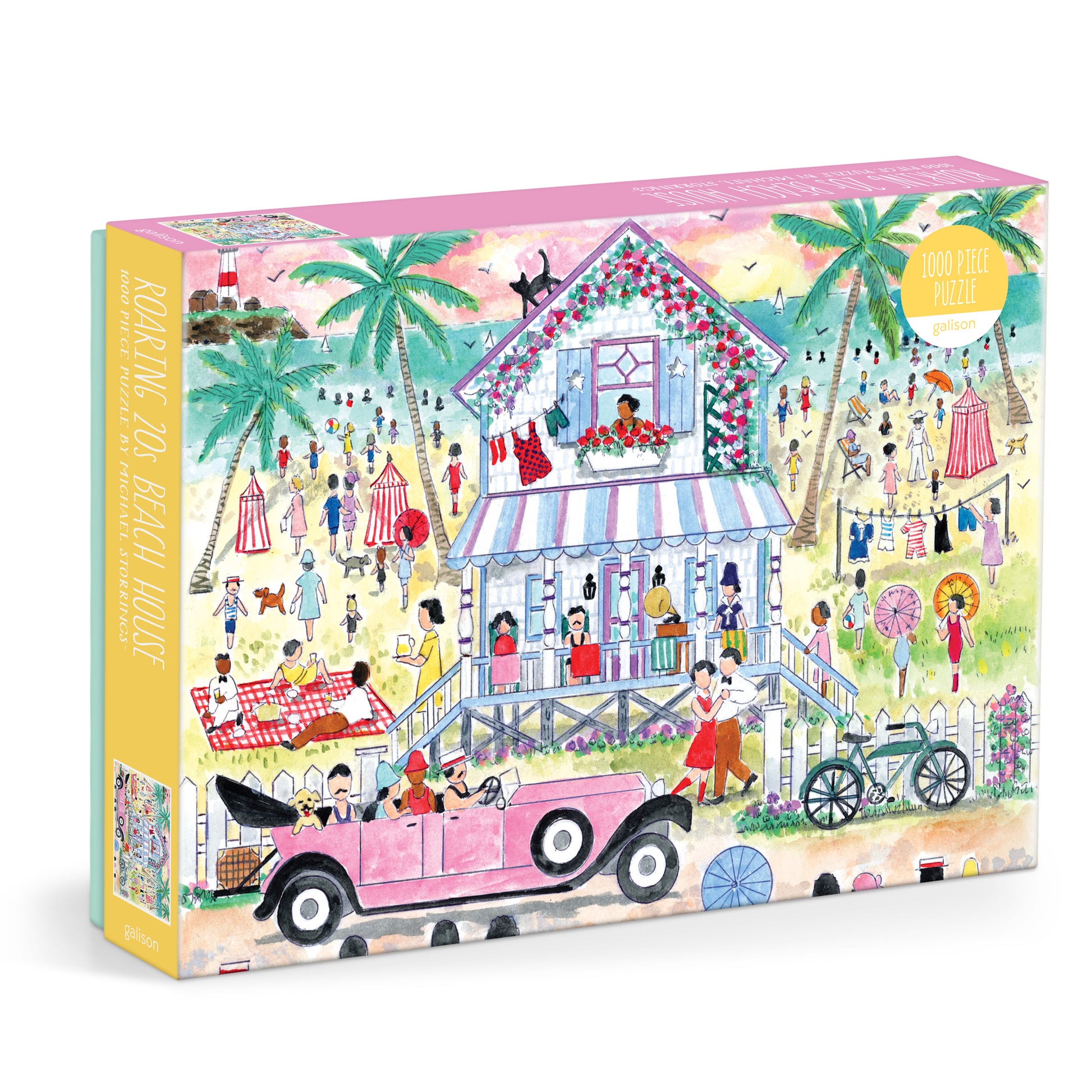 Galison Michael Storrings Roaring 20s Beach House 1000-piece jigsaw puzzle featuring a glamorous vintage beach house inspired by the Roaring Twenties.