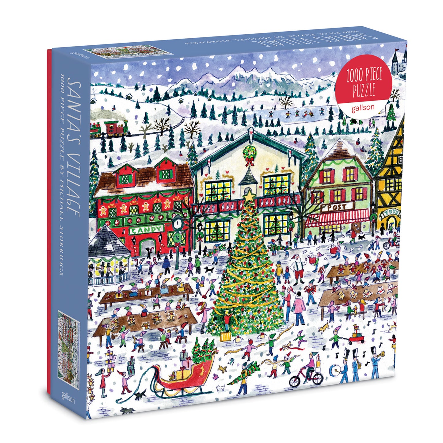 Galison Michael Storrings Santa's Village 1000-piece jigsaw puzzle featuring Santa's festive village with decorated cottages, cheerful elves, snowy landscapes, and magical Christmas spirit.