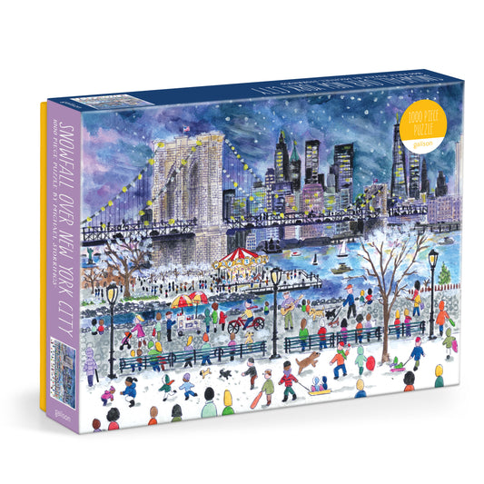 Galison Michael Storrings Snowfall Over New York City 1000-piece jigsaw puzzle featuring snowy streets, city lights, and a festive winter scene.