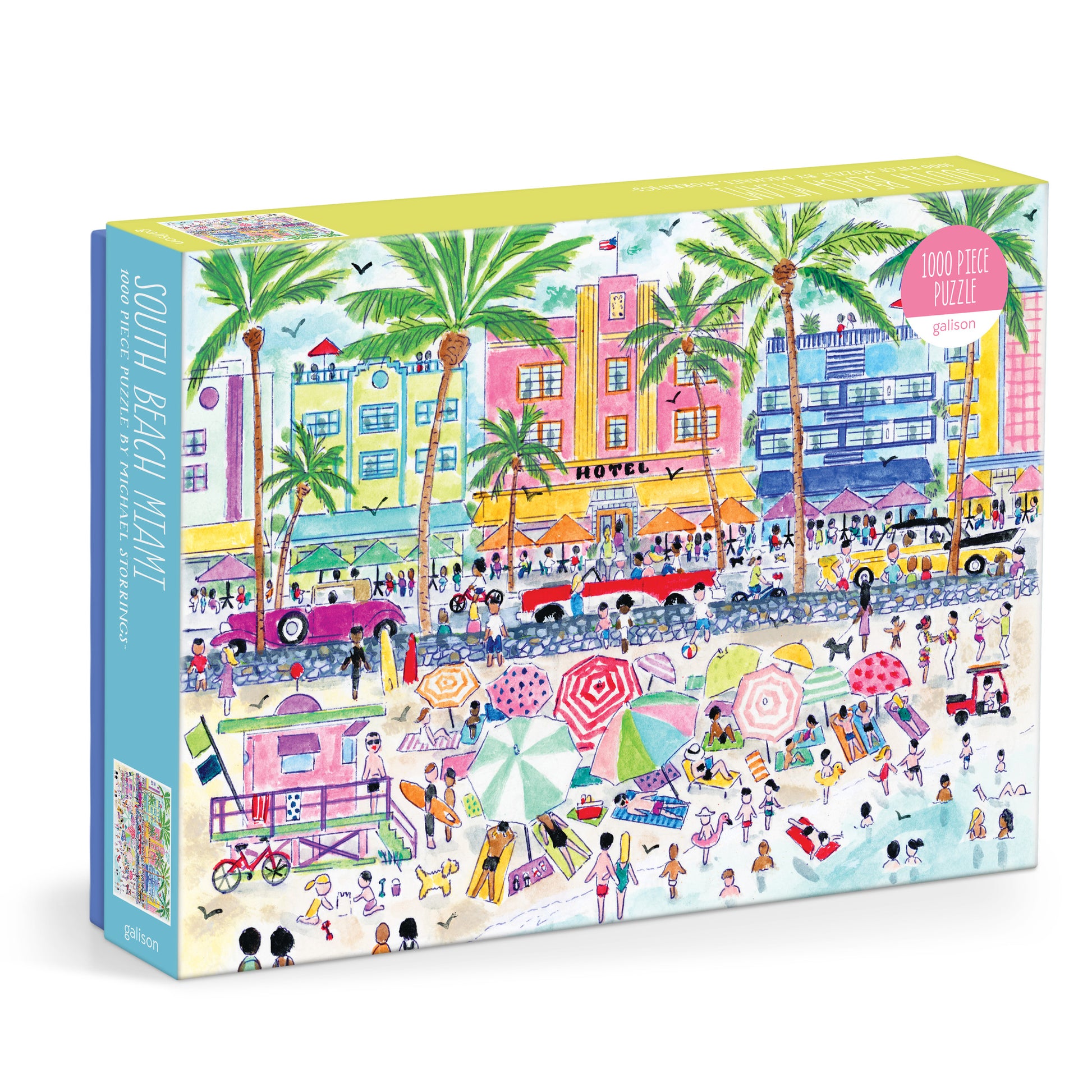 Galison Michael Storrings South Beach Miami 1000-piece jigsaw puzzle featuring colorful Art Deco architecture, palm trees, and the vibrant Miami beachfront.