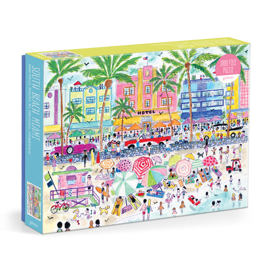 Galison Michael Storrings South Beach Miami 1000-piece jigsaw puzzle featuring colorful Art Deco architecture, palm trees, and the vibrant Miami beachfront.