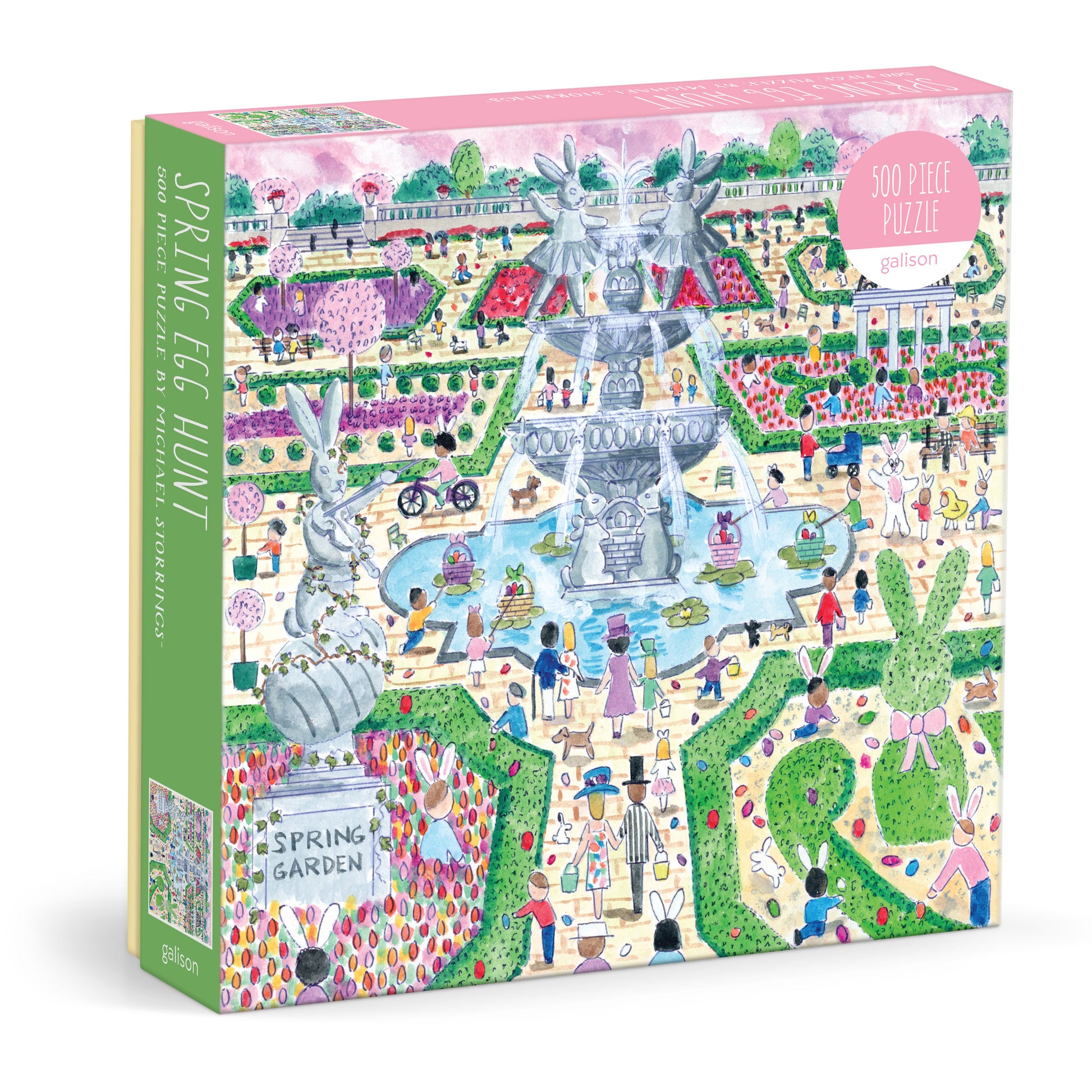 Galison Michael Storrings Spring Egg Hunt 500-piece jigsaw puzzle featuring a cheerful spring egg hunt with colorful Easter eggs, blooming flowers, playful children, and festive outdoor fun.
