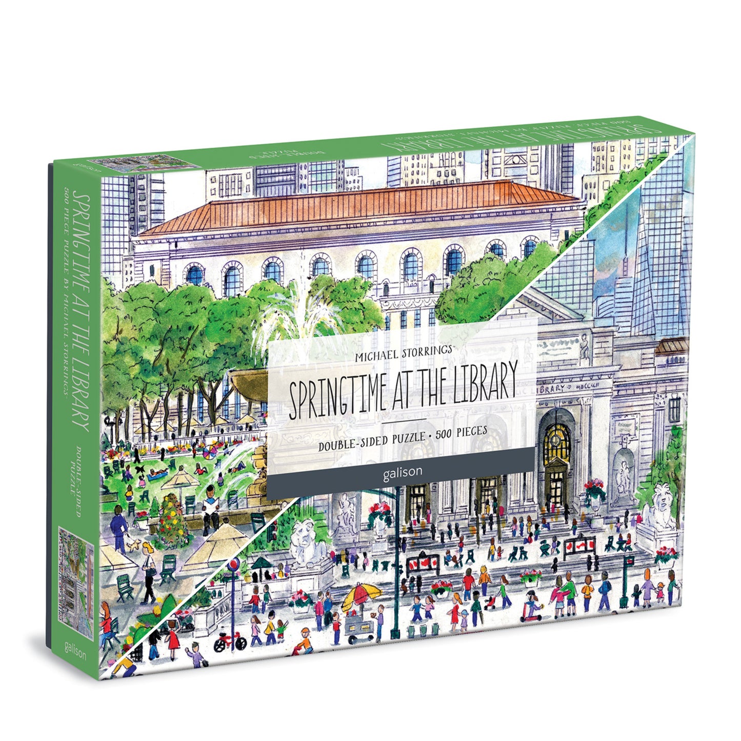 Galison Michael Storrings Springtime at the Library 500-piece double-sided jigsaw puzzle featuring a charming library surrounded by blooming spring flowers, lush trees, and colorful seasonal scenery.