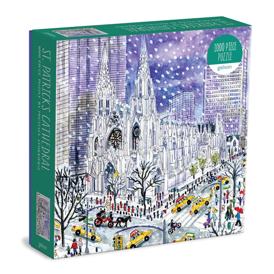 Galison Michael Storrings St. Patrick's Cathedral 1000-piece jigsaw puzzle featuring the iconic New York cathedral surrounded by vibrant city life.