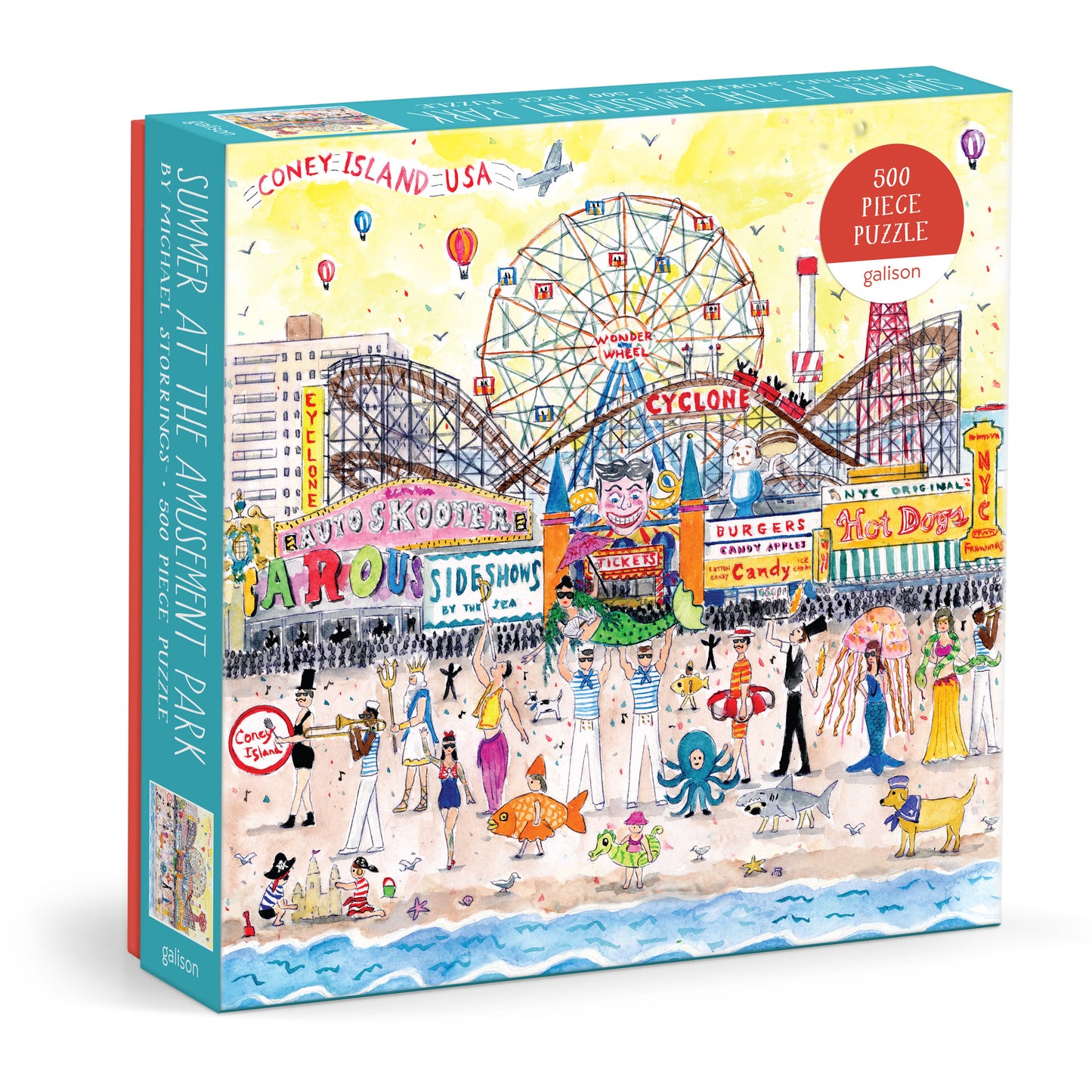 Galison Michael Storrings Summer at the Amusement Park 500-piece jigsaw puzzle featuring a lively amusement park with colorful rides, happy families, carnival games, and sunny summer fun.