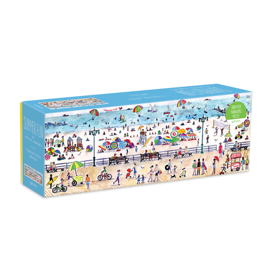 Galison Michael Storrings Summer Fun 1000-piece panoramic jigsaw puzzle featuring a vibrant summer beach scene with families, colorful umbrellas, seaside activities, and sunny coastal views.