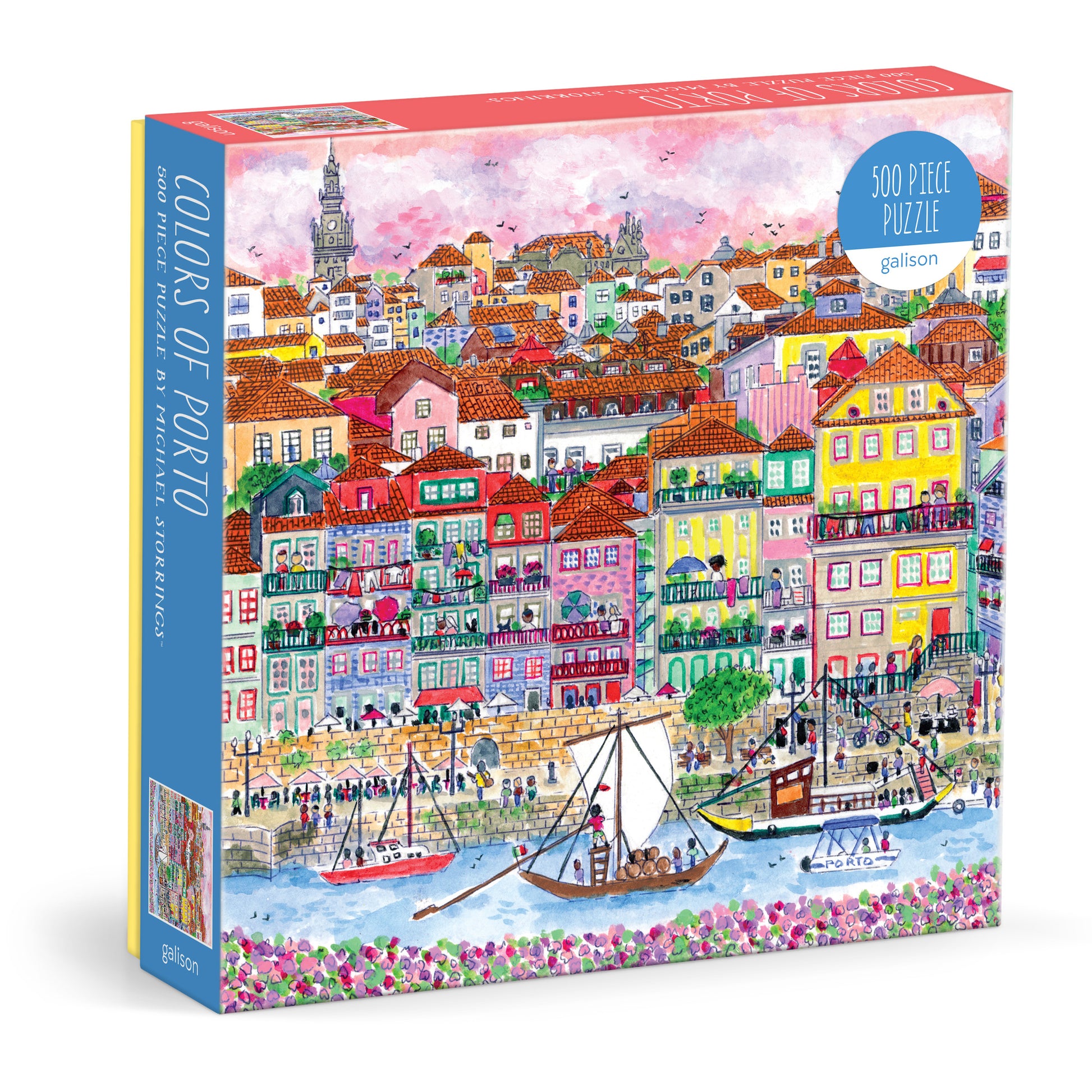 Galison Michael Storrings Summer in Portugal 500-piece jigsaw puzzle featuring colorful Portuguese streets, coastal scenery, and sunny summer charm.