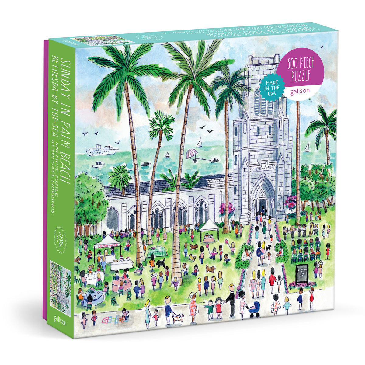 Galison Michael Storrings Sunday in Palm Beach Bethesda by the Sea 500-piece jigsaw puzzle featuring the iconic Bethesda-by-the-Sea church surrounded by lush palm trees, tropical gardens, and elegant Palm Beach scenery.