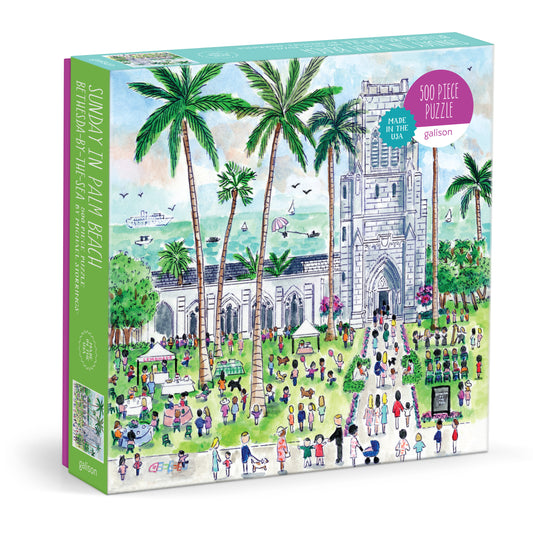 Galison Michael Storrings Sunday in Palm Beach Bethesda by the Sea 500-piece jigsaw puzzle featuring the iconic Bethesda-by-the-Sea church surrounded by lush palm trees, tropical gardens, and elegant Palm Beach scenery.