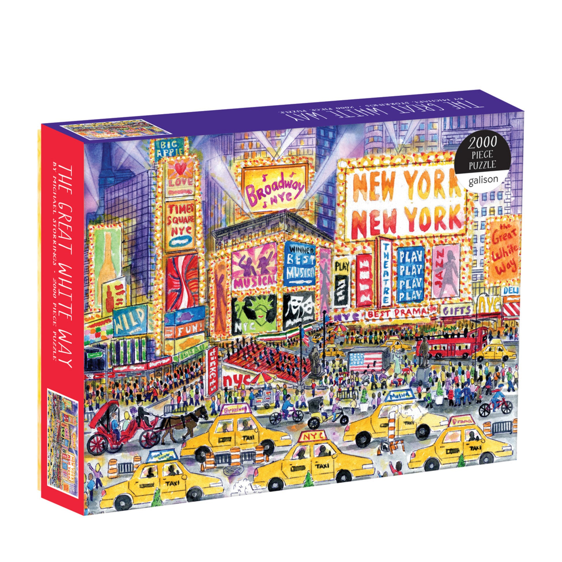 Galison Michael Storrings The Great White Way 2000-piece jigsaw puzzle featuring New York City's famous Broadway district illuminated with dazzling theater lights, bustling streets, and vibrant nightlife.