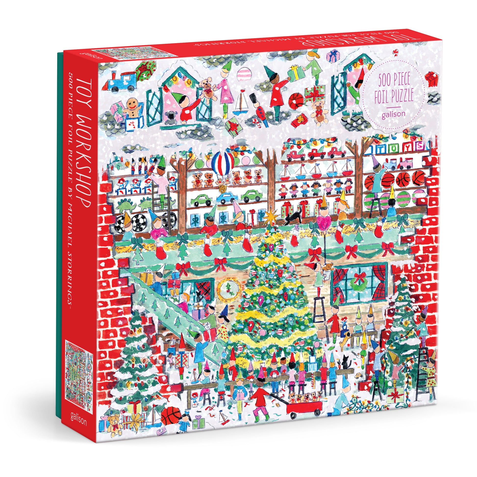 Galison Michael Storrings Toy Workshop 500-piece foil jigsaw puzzle featuring Santa's toy workshop filled with colorful toys, elves, and festive holiday details.