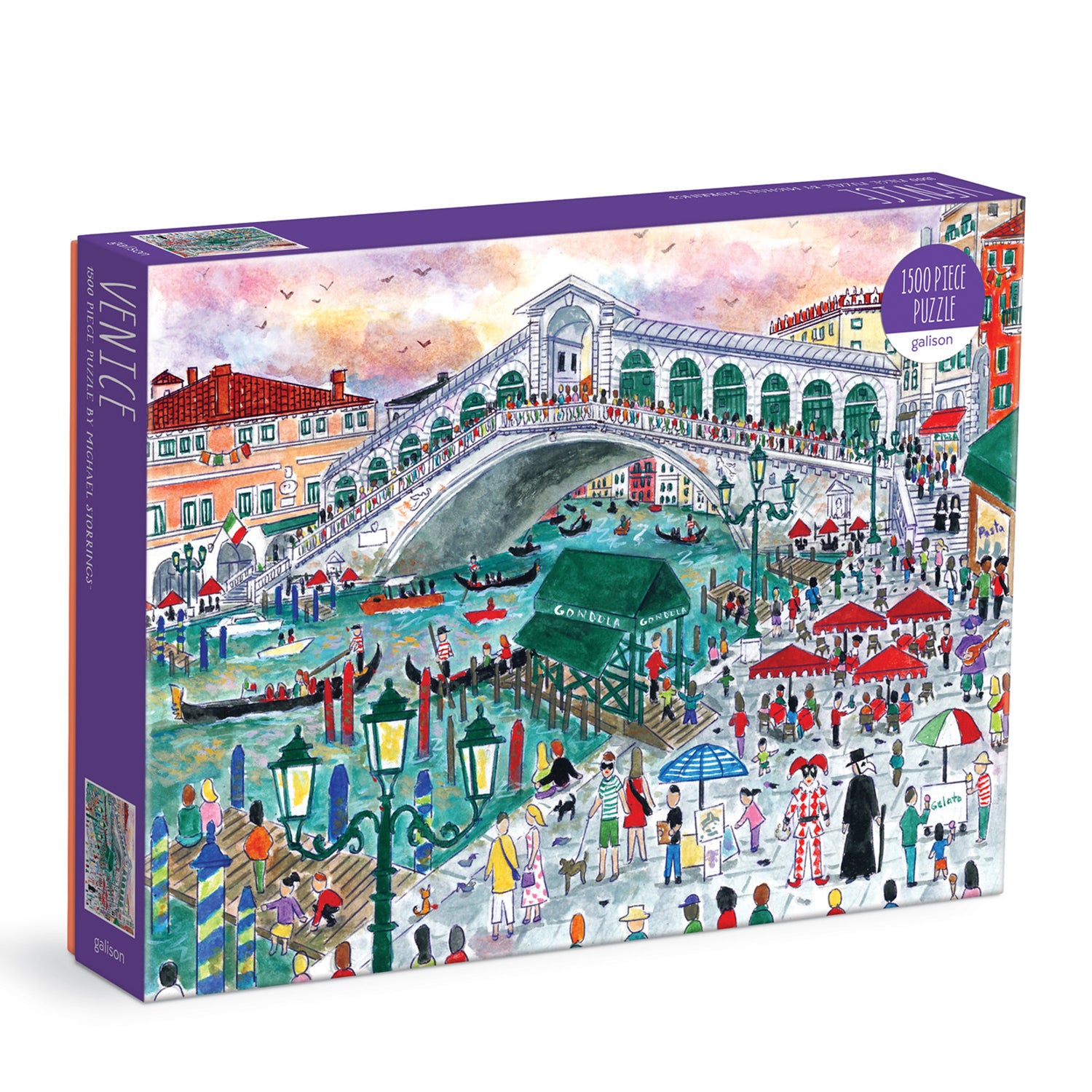 Galison Michael Storrings Venice 1500-piece jigsaw puzzle featuring the romantic canals of Venice with elegant gondolas, historic architecture, charming bridges, and vibrant Italian scenery.