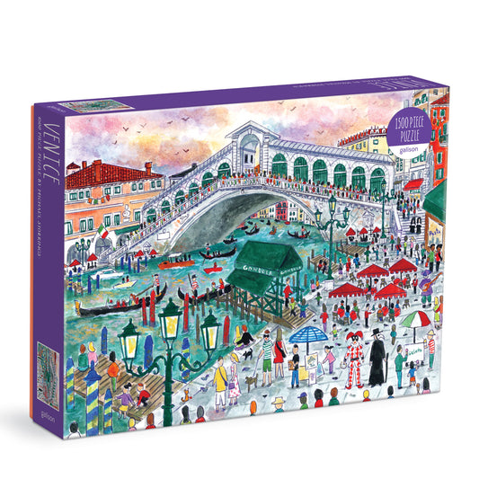 Galison Michael Storrings Venice 1500-piece jigsaw puzzle featuring the romantic canals of Venice with elegant gondolas, historic architecture, charming bridges, and vibrant Italian scenery.