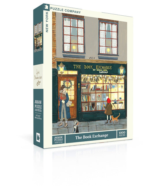 New York Puzzle Company The Book Exchange 1000-piece jigsaw puzzle featuring a welcoming neighborhood bookshop filled with books, readers, and a cozy literary atmosphere.